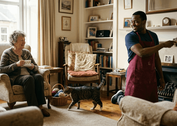 Regular and Standard Cleaning Glasgow - A cleaner cleaning in an age woman's apartment and she is comfortable and her cat is roaming around